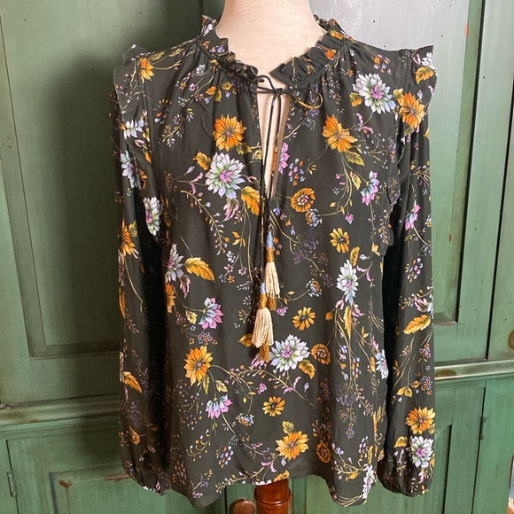 Anthropologie Dolan Boho Hunter Green Floral Ruffle LS Silk Blouse Size Small - Picture 1 of 10